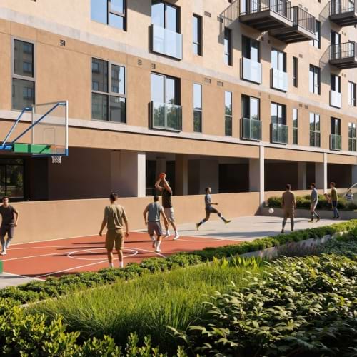 an activity courtyard with people playing basketball and soccer