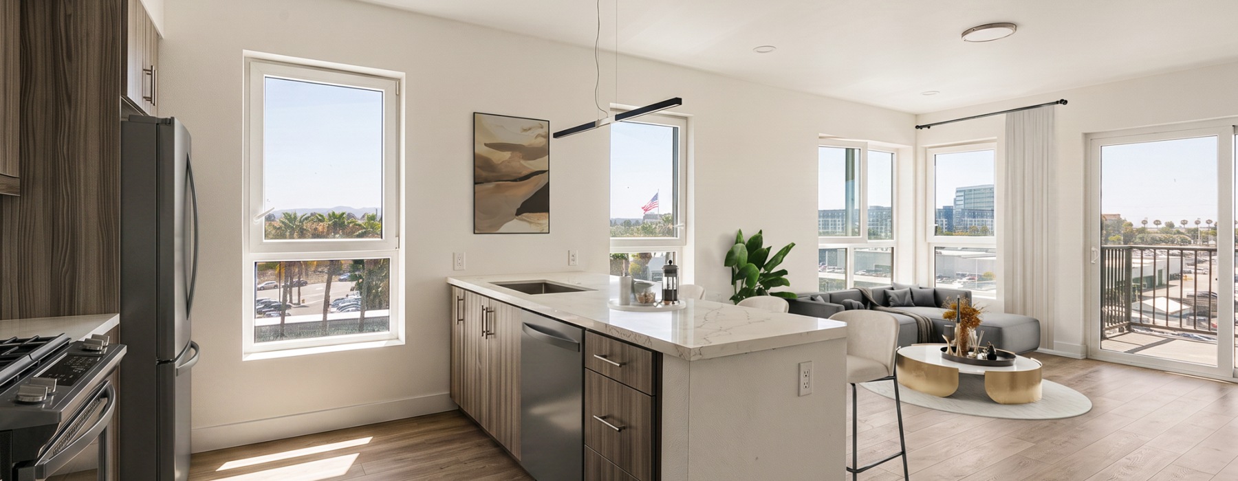 Open space living area and kitchen with natural lighting