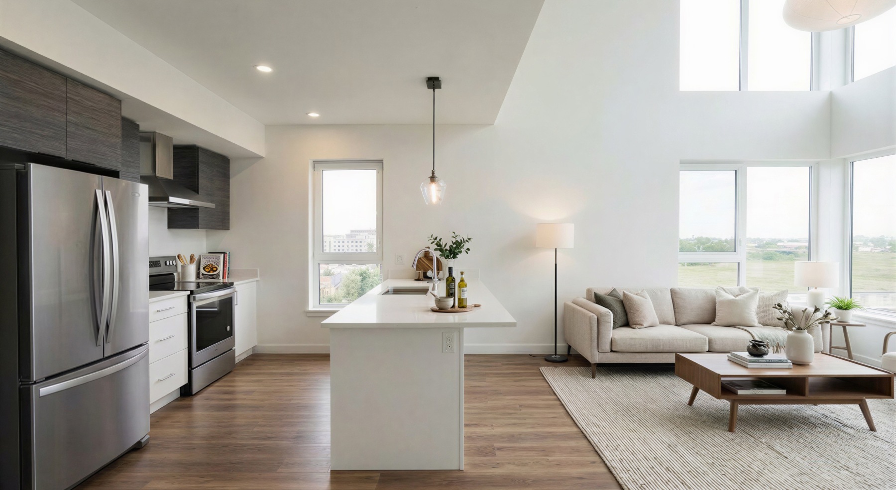 living room with wooden features throughout kitchen and easy access to stairs