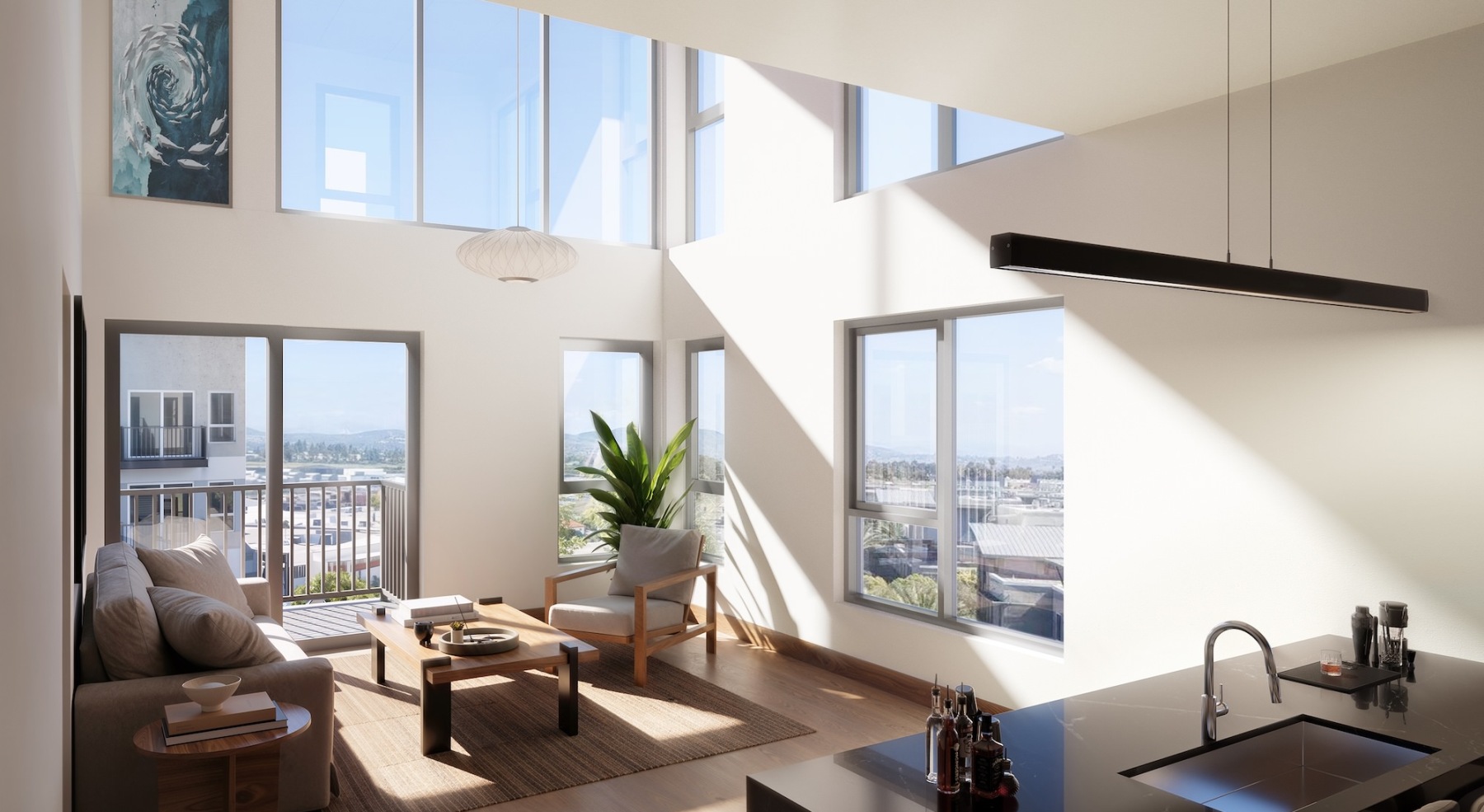 living area with ample seating and wood-style flooring